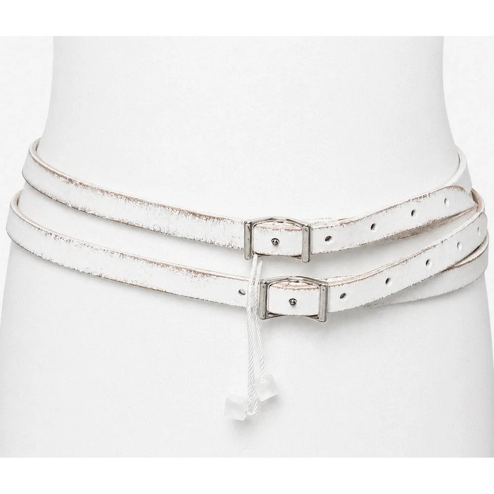 Aventura Double Wrap Skinny Belt Silver Buckle Distressed White Large 40 NEW $48